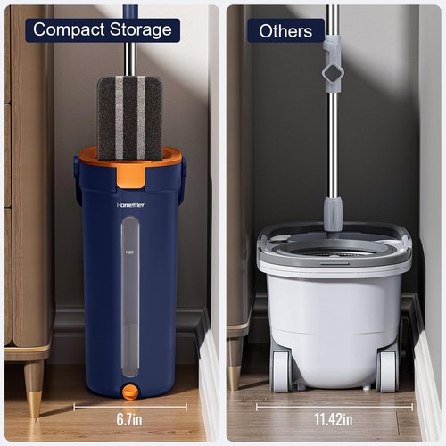 HoMettler Mop and Bucket Set with Wringer, 3-Tank Flat Mop and Bucket System, Wall Mop Cleaner with Long Handle, Hands Free Mops for Floor Cleaning with 4 Microfiber Pads