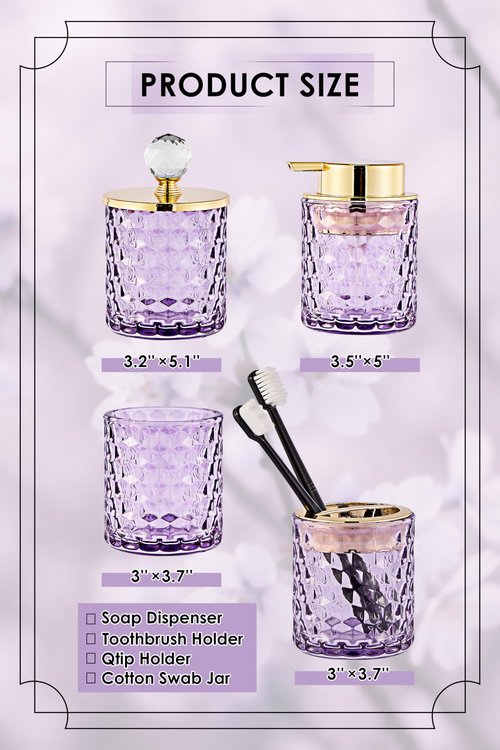 Purple Bathroom Accessories, 4Pcs Purple Bathroom Accessory Set Complete, Toothbrush Holder Set, Soap Dispenser, Qtip Holder, Tumbler, Perfect for Bathroom Decor and Vanity