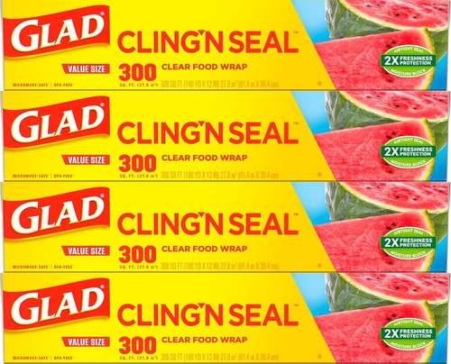 Glad Cling N Seal Plastic Wrap - Airtight Food Storage Solution | 300 Sq Ft Roll (Pack of 4)