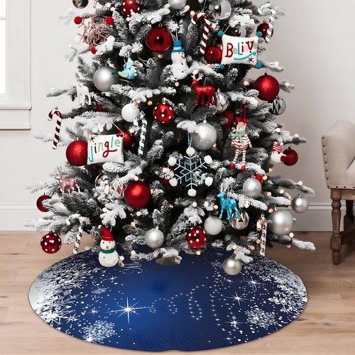 Christmas Tree Skirt Collar 48 Inch Soft Winter Snowflakes Tree Skirt Xmas Tree Skirt Winter Holiday Blue Christmas Trees Mat Decoration