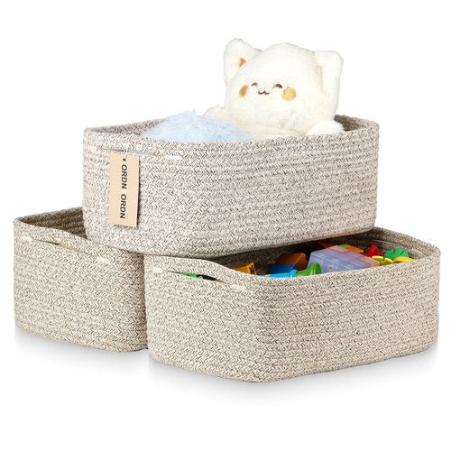 Ordn2Ordn Small Storage Baskets for Organizing, Woven Storage Bins for Shelves, Gift Basket Empty, Cute Decorative Closet Organizer, Baby Rope Basket, Dog Toy Storage, 12.6x8.2x5”, 3Packs Mixed Brown