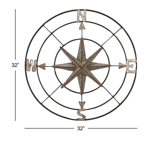 Deco 79 Metal Compass Home Wall Decor Indoor Outdoor Wall Sculpture with Distressed Copper Like Finish, Wall Art 32" x 2" x 32", Gray