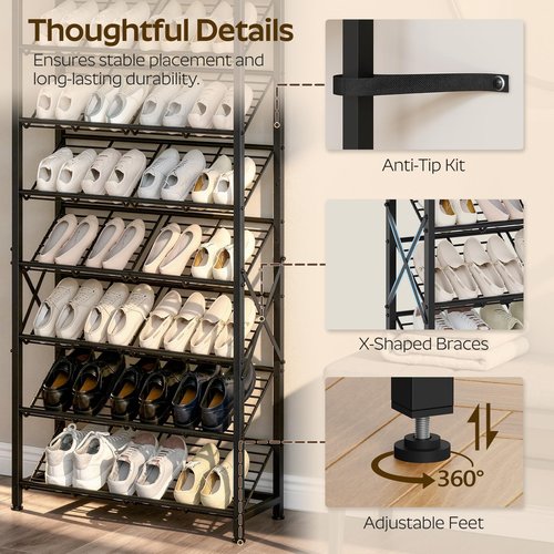 YATINEY 8-Tier Shoes Rack, Narrow Shoe Storage Organizer for Entryway, Slim Shoe Shelf with Wooden Panel, Large-Capacity Slanted Shoe Rack for Closet, Space Saving, Black and Rustic Brown SS26BR