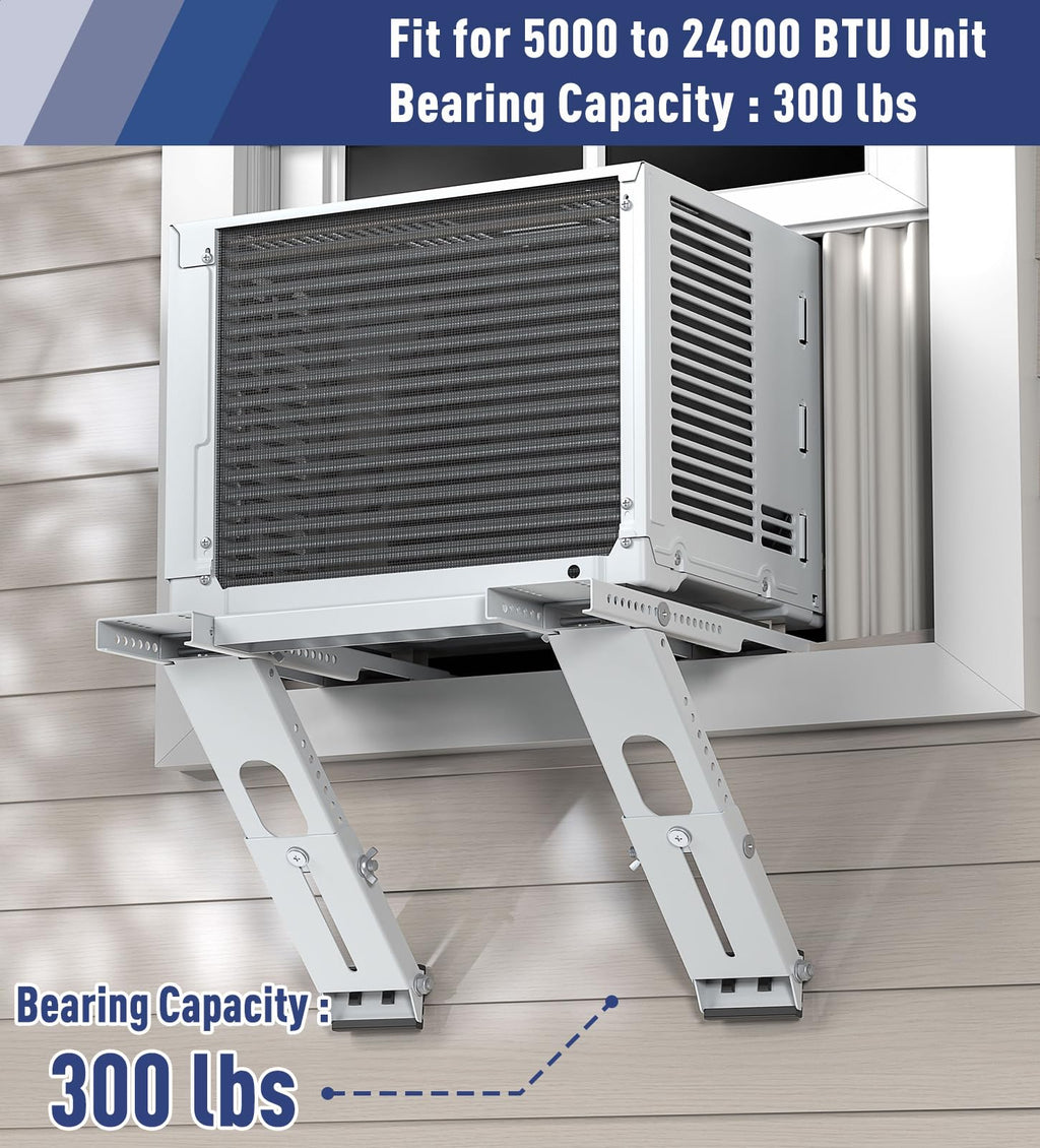 No Drilling Window AC Support Bracket, Adjustable Support Fits Single & Double-Hung Windows, Air Conditioner Holder Bracket Heavy Duty Steel Holds Up to 300lbs, for 5000-24000 BTU Units