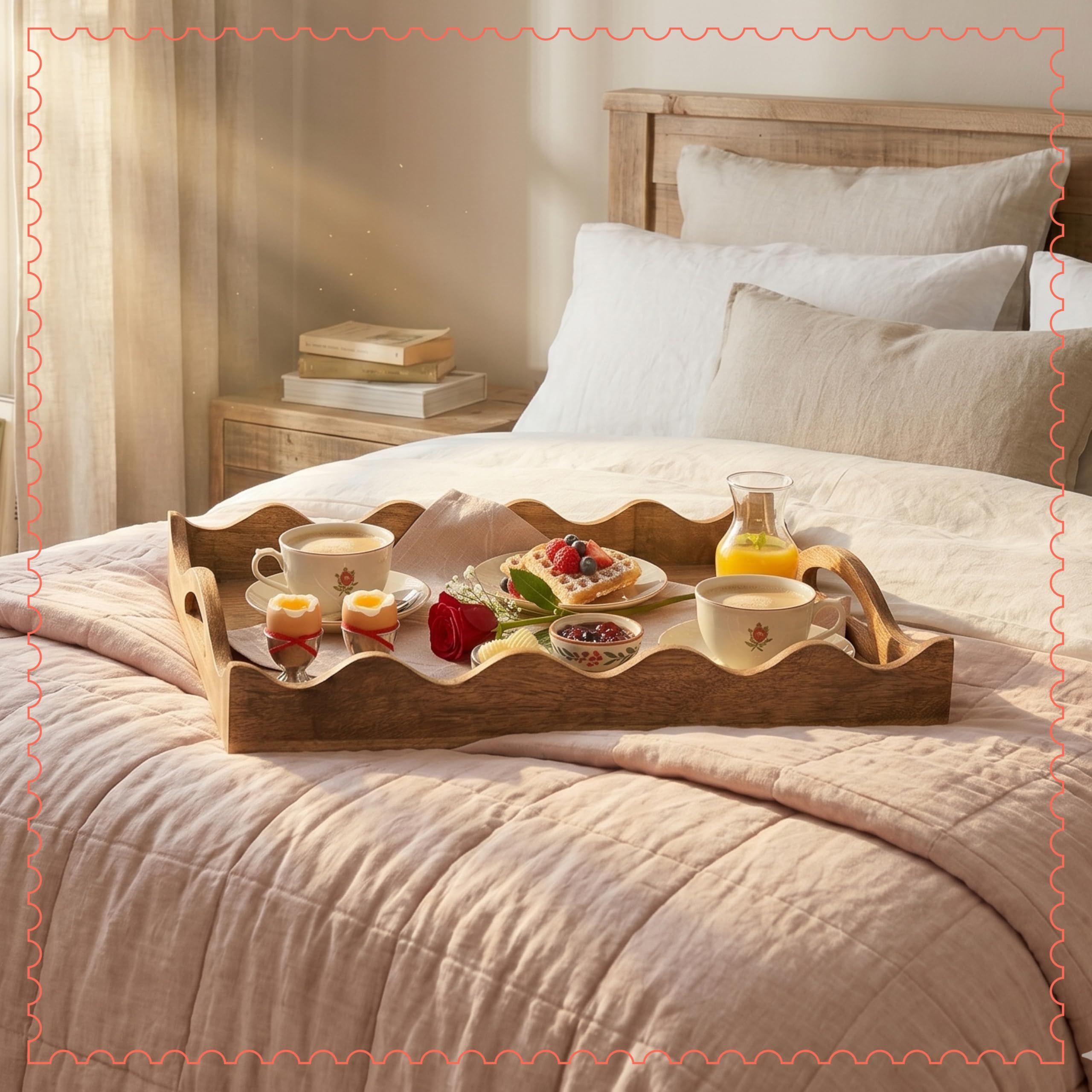 Mela Artisans Wooden Serving Tray with Handles | 12x8x2.5 Mango Wood Decorative Tray | Ottoman Tray | Snacks | Desserts | Breads | Coffee Table | Bedroom | Scalloped Design