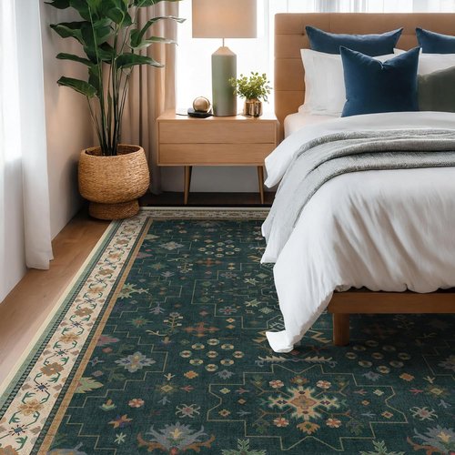 Hazo Haus Dark Green Vintage Rug - Ultra Soft Washable 7x10 Floral Geometric Design for Living Room