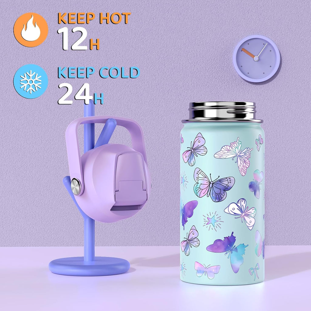 Skiennix 14oz Kids Insulated Water Bottle - Leak-Proof Double Wall Stainless Steel Tumbler (Butterfly)