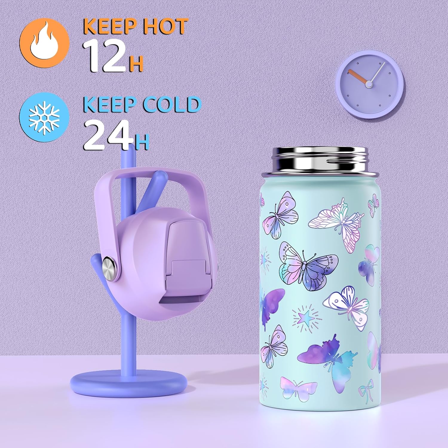 Skiennix 14oz Kids Insulated Water Bottle - Leak-Proof Double Wall Stainless Steel Tumbler (Butterfly)