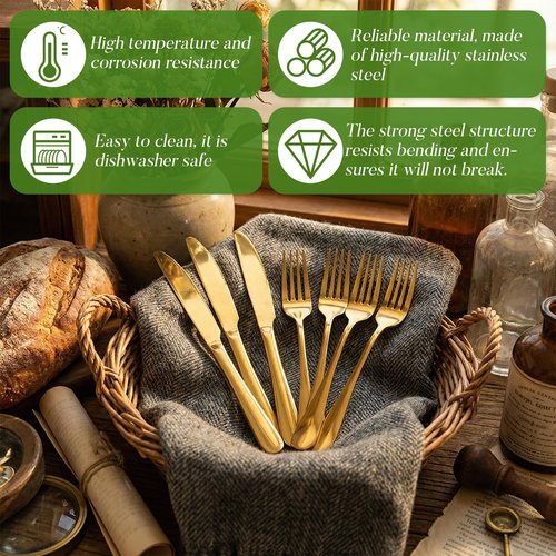 Nuenen 100 Pieces Stainless Steel forks and knives Dinner Flatware Set Tableware Cutlery for Butter Kitchen Restaurant, Dishwasher Safe (Gold,9.06 Inches, 8.07 Inches)
