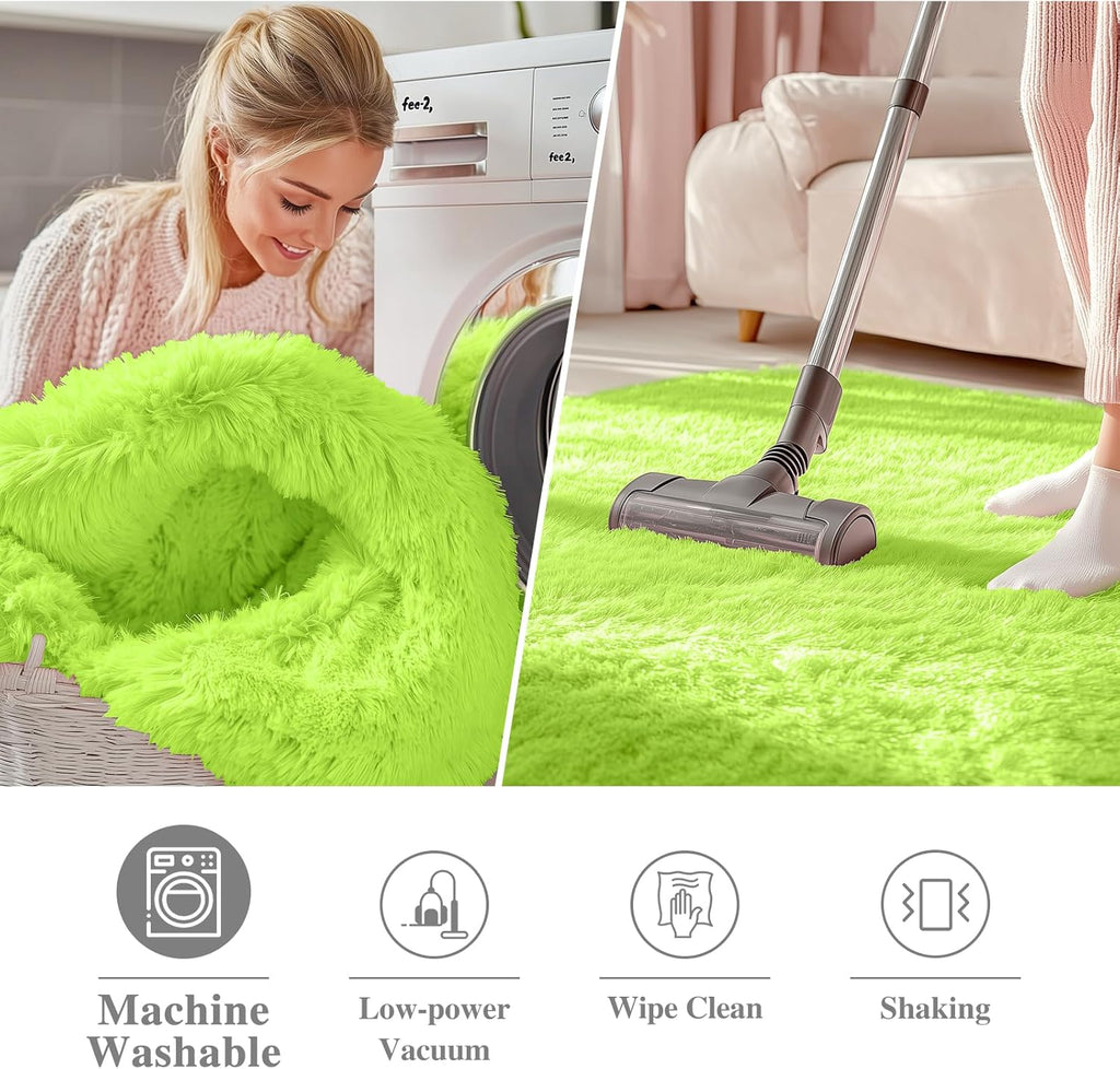 OLANLY Round Lime Green Area Rug - Soft, Fluffy, Machine Washable 5 ft Circle Carpet for Bedrooms & Nurseries