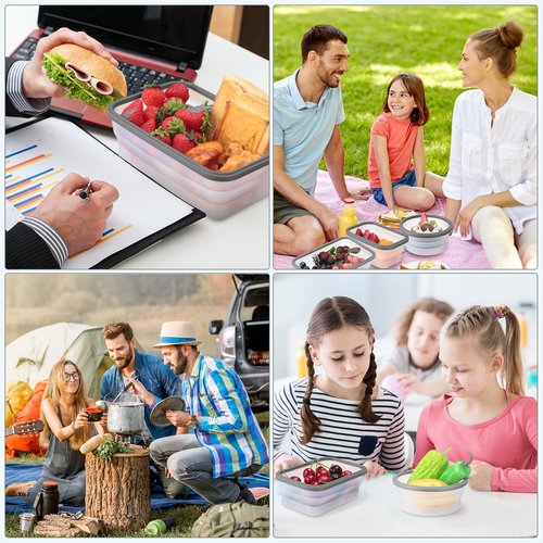 Dandat 12 Silicone Collapsible Food Storage Containers Foldable Silicone Lunch Container 6 Rectangle and 6 Round Airtight Collapsible Bowl with Lid Set for Kitchen Microwave (Translucence Gray)