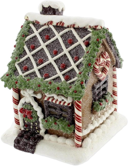 Bridge Collection Lighted Gingerbread House Figurine - Festive Christmas Tabletop Accent with Peppermint Roof & Candy Details