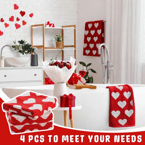 Frienda 4 Pcs Valentine's Day Hand Towels for Bathroom 13 x 29'' Soft 100% Cotton Red and White Hearts Decorative Towel Absorbent Valentine's Day Bathroom Decor for Drying Cleaning Cooking Gift