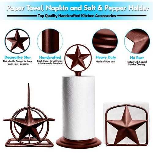 Brown Rustic Texas Star Paper Towel Holder, Napkin Holder, Salt and Pepper Shakers Holder, Country Farmhouse Iron Kitchen Counter Accessory Set Holders (Paper Towel, Napkin, S&P Holder (3 Piece Set))