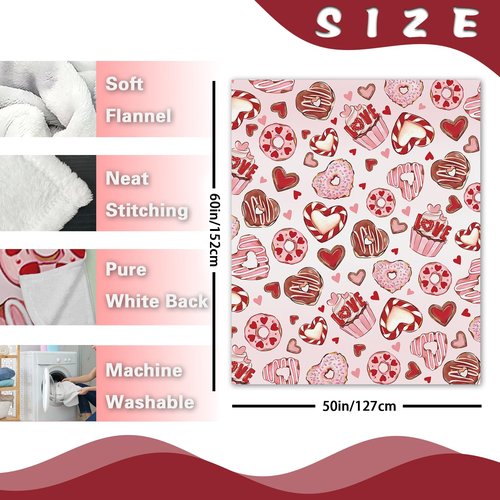 Zzkol Valentines Day Dessert Flannel Throw Blanket, Pink Love Heart Cupcake Donut Anniversary Wedding Birthday Gifts for Women Girlfriend Wife Lover, Romantic Soft Blankets for Bedding Sofa 50" x 60"