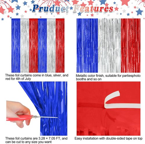 4th of July Decorations by [Brand Name] - 2 Pack Tinsel Backdrop | Red, Silver & Blue Fringe Curtains, 3.28 FT x 7.05 FT