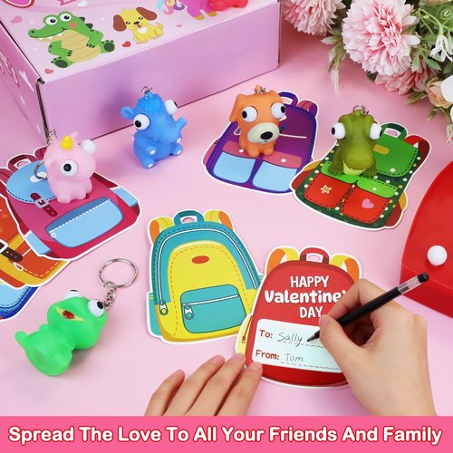 Valentines Day Gifts for Kids, 28 Pack Valentines Cards with Animal Popping Eyes Keychains for Boys Girls Classroom School Gifts Exchange,Valentine's Party Favor Goodie Bag Stuffers for Toddlers