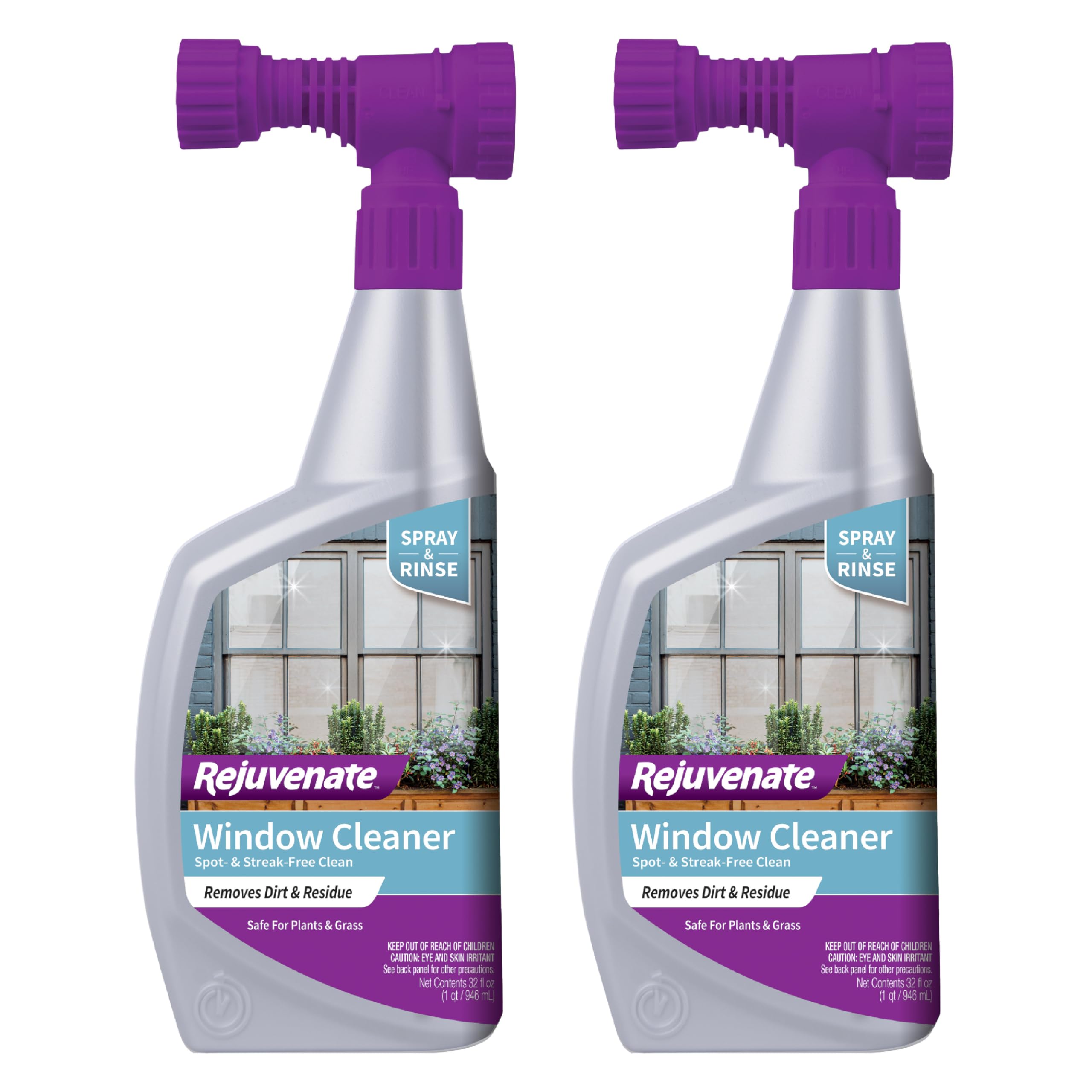Rejuvenate Window Cleaner, 32 Ounces, Non-Toxic Outdoor Window Cleaner With Hose-End Adapter Quickly Removes Dirt For A Spot- And Streak-Free Shine, 2 Pack
