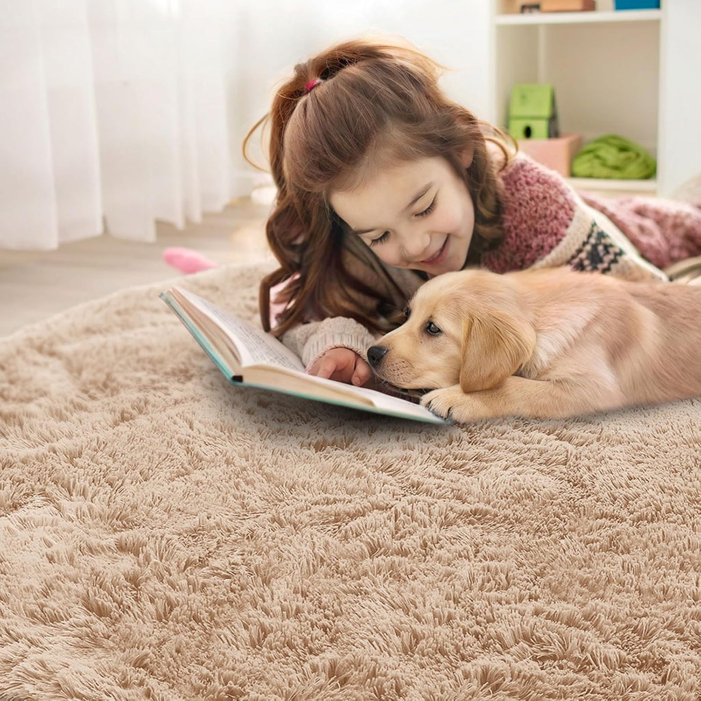 OLANLY Round Beige Area Rug - Soft, Fluffy, Machine Washable 8 ft Circle Carpet for Bedroom & Living Room Decor