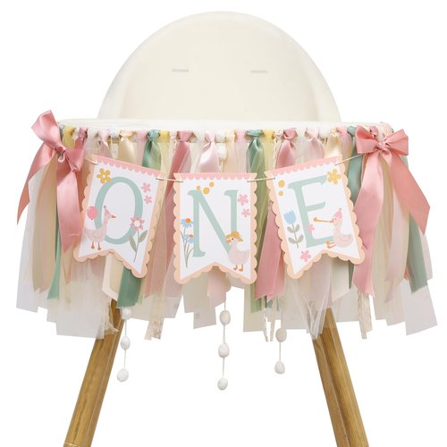 One Happy Goose High Chair Banner - Sweet 1st Birthday Party Decorations,Colorful Highchair Garland with Bow Ribbon,Little Goose First Birthday Banner Photo Props,Fun Geese Lawn Party Supplies