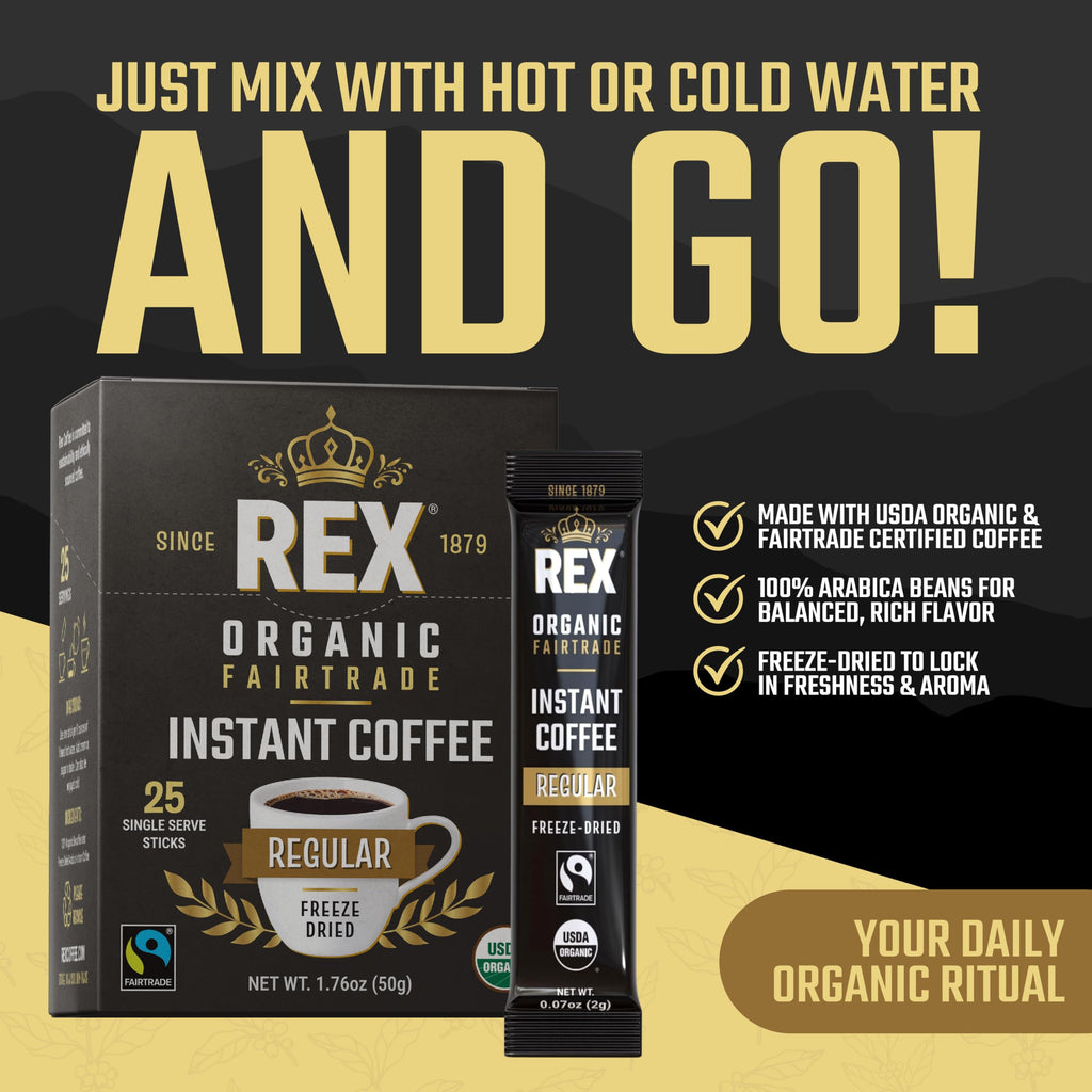 Rex Coffee Freeze-Dried Instant Sticks, Organic & Fairtrade Medium Roast Arabica, 200 Single Serve Packets - Lab Tested for Mold, Mycotoxins, Heavy Metals, & Acrylamide