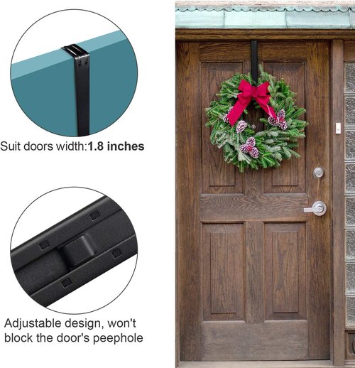 Myfolrena Wreath Hanger - Adjustable Door Hook for Front Door | Holds Up to 20lbs, 15-24 Inch (Black)
