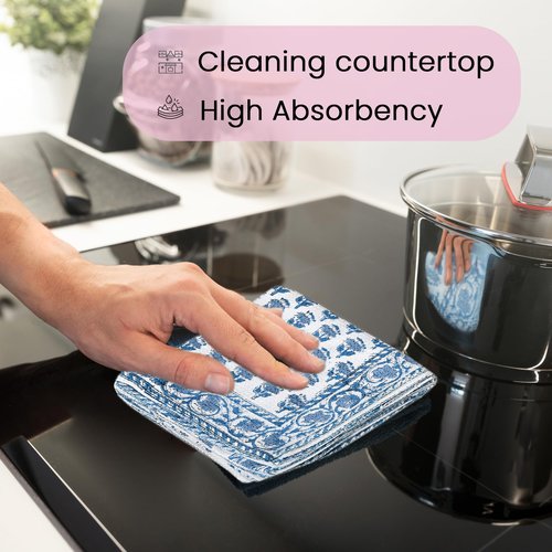 CPC Apatite Blue Hand Block Print Waffle Kitchen Towel Set of 3-16 x28 Ultra Absorbent Quick Dry Microfiber Dish Towels Lightweight Reusable Sustainable Tea Towels for Cleaning and Drying