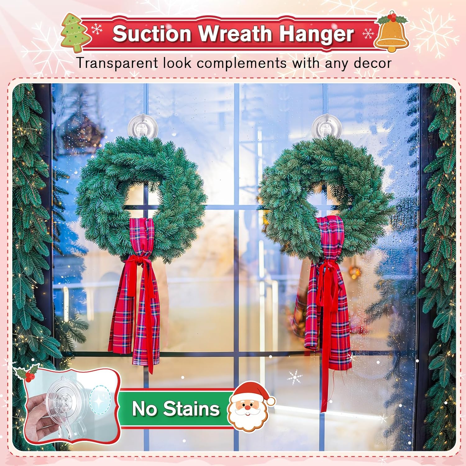 VIS'V Wreath Hanger - Heavy Duty Suction Cup Hooks | 22 LB Capacity, Clear, 6 Pcs, Removable & Reusable