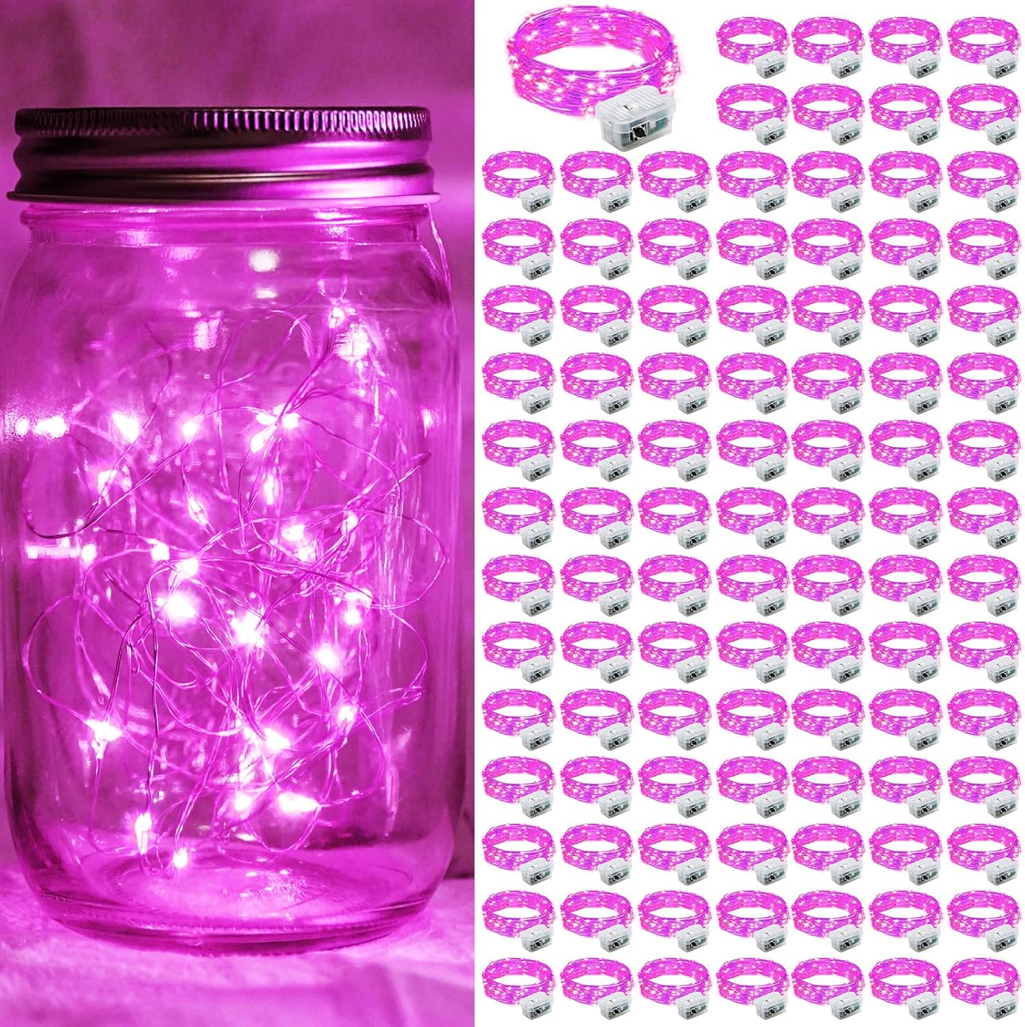 Skiennix 100 Pack Pink Fairy Lights - 7Ft 20 LED Twinkle String Lights | Battery Operated & Waterproof for Parties, Weddings, & Holidays