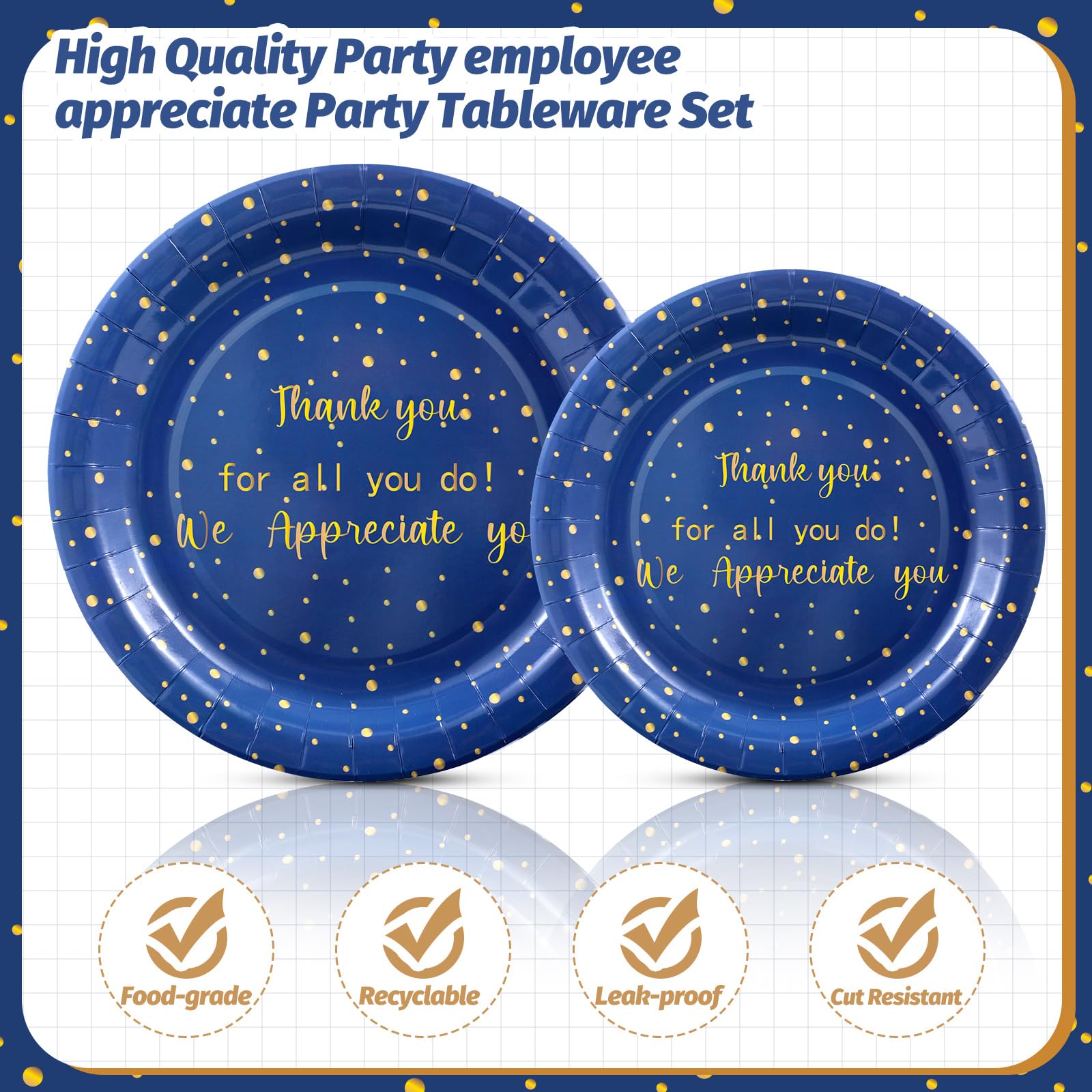 Geyoga 96 Pcs We Appreciate You Decoration Teacher Graduation Plate and Napkin Employee Appreciation Party Decorations Nurses Week 2026 Tableware for Principal Volunteer Staff(Blue and Gold,Thankful)