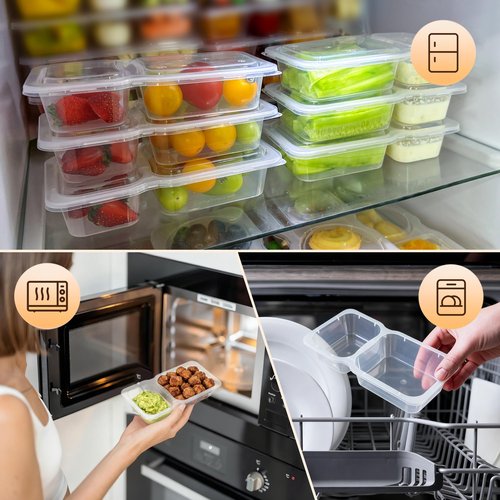 HI-REEKE 9 OZ Double Compartment Snack Containers, 20 Sets Bigger Reusable Clear Snack Packs Container with Lids