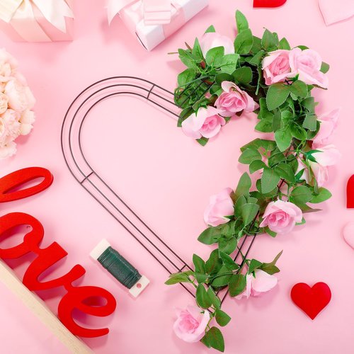 Fovths 2 Pack Heart Wreath Frame 14 Inch Dark Green Heart Shaped Metal Wreath Garland Wire Flower Wreaths for Valentine's Day, DIY Crafts, Wedding Party, Home Ceremony Decoration