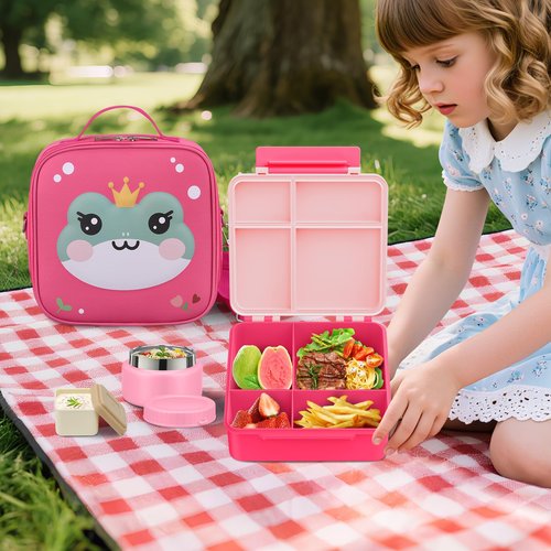 Bento Lunch Box Kids with 9oz Soup Thermo, Kids Leakproof Lunch Food Containers with 4 Compartment, Insulated Lunch Bag for Girls Boys to School Travel