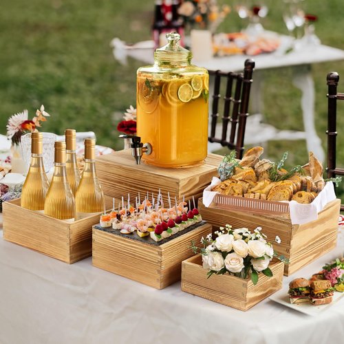 Budiwati 8-Pack Pine Wood Buffet Risers, Multi-Size Nesting Cube Food Display Stands for Buffet Table & Catering, Hollow Bottoms Food Risers for Multi-Level Buffet Presentation