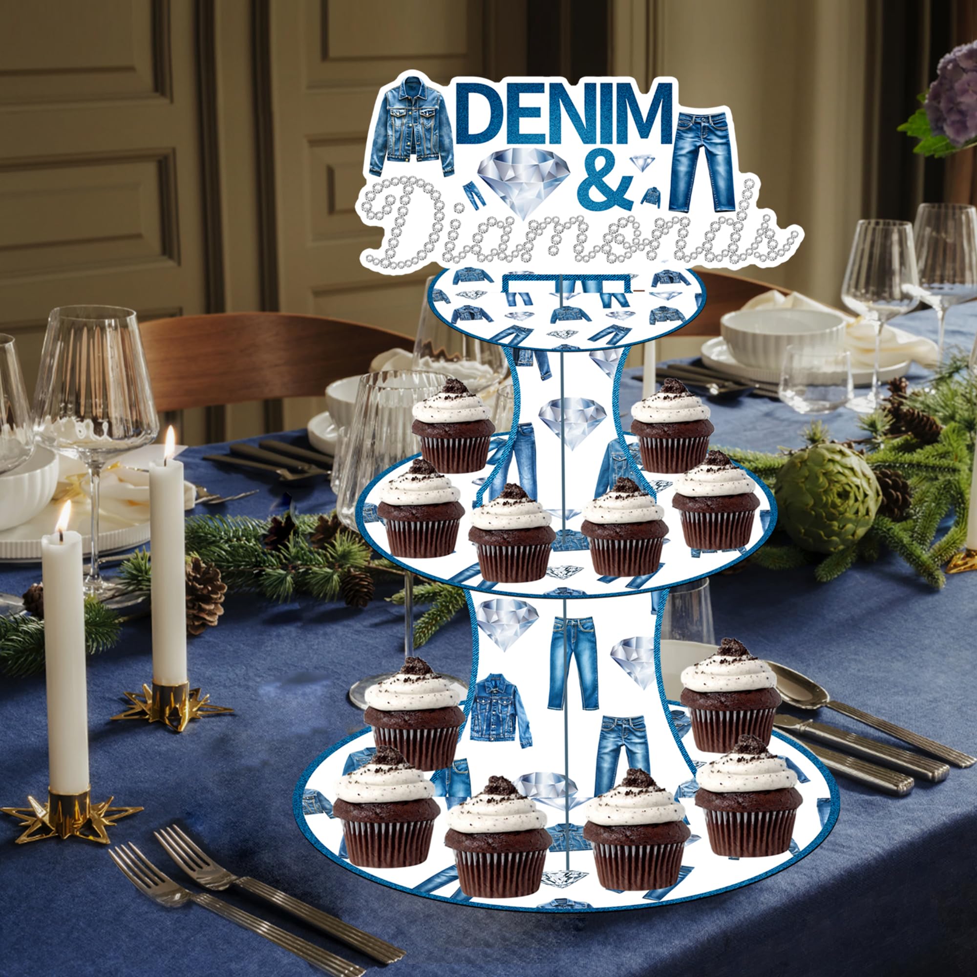 umoni Denim and Diamonds Cupcake Stand 3-Tier Denim Jean Cupcake Holder Denim Themed Party Dessert Tower for Crystal Diamonds Party Supplies