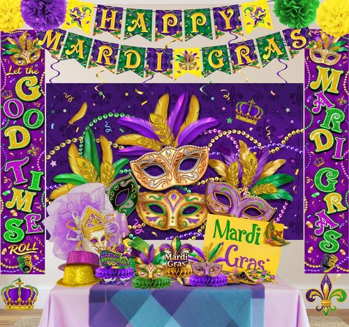 Mardi Gras Decorations Include Backdrop, Banner, Hanging Swirls, Porch Sign, Paper Pompoms, Honeycomb Centerpieces for Indoor/Outdoor Front Door Home Masquerade Party