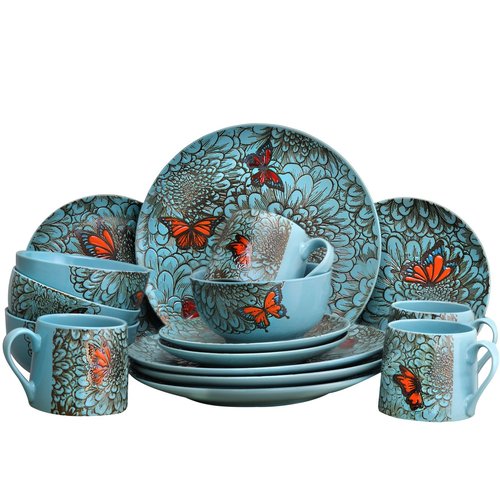 Elama's Butterfly Garden 16 Piece Stoneware Dinnerware Set