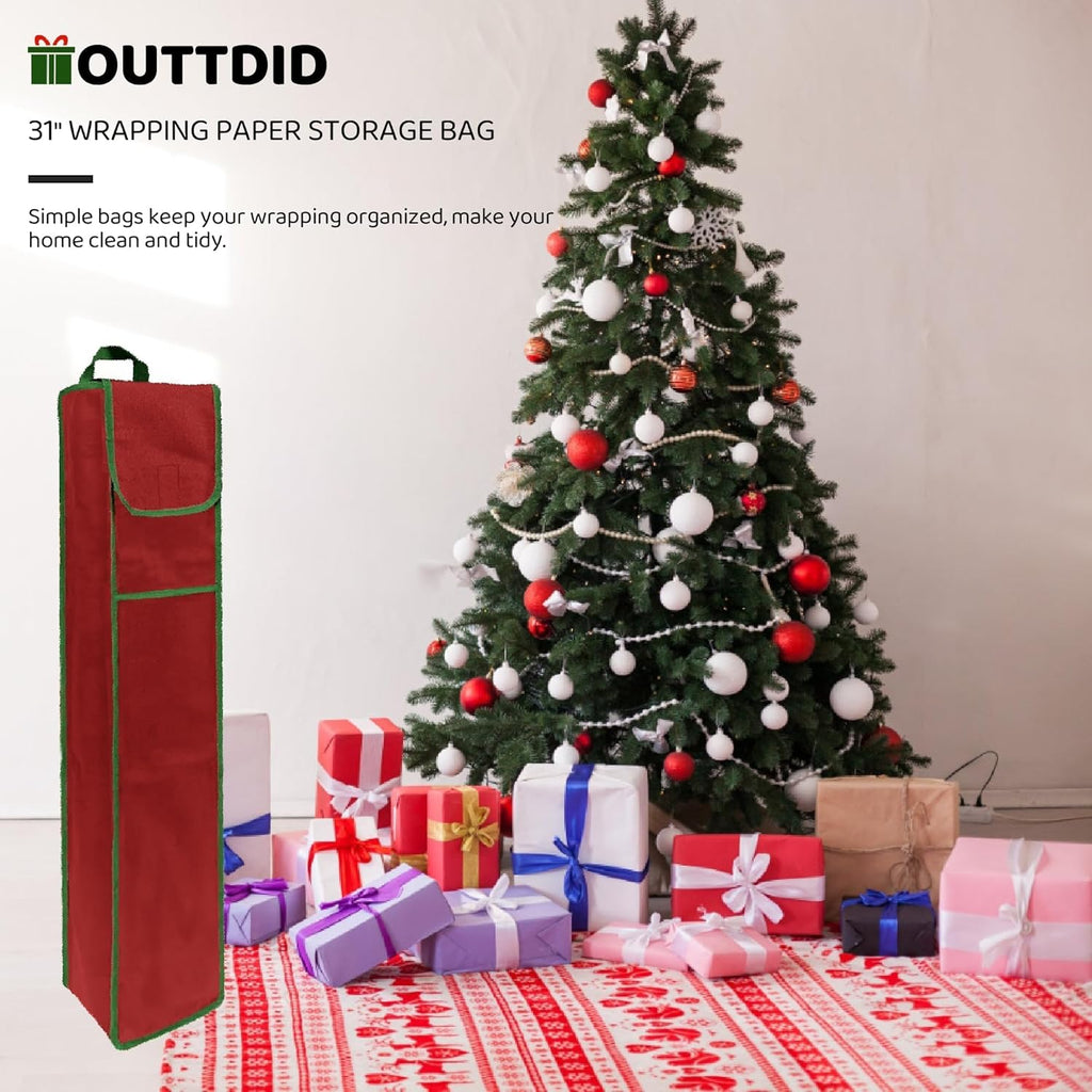 OUTTDID Wrapping Paper Storage Bag - Gift Organizer for 9 Rolls | Red with Pocket for Crafts