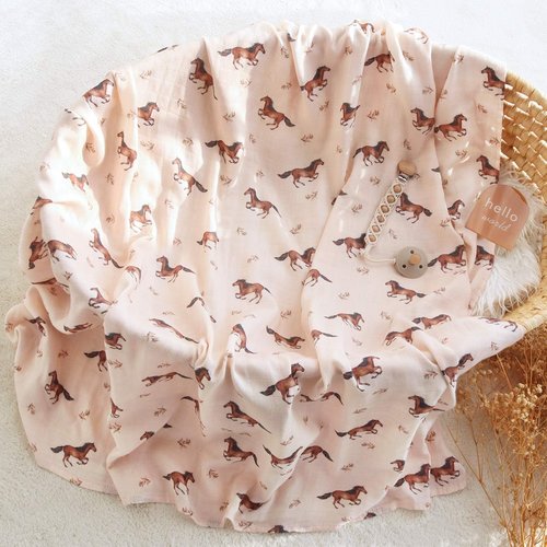 LifeTree Baby Swaddle Blankets, Muslin Swaddle Blankets Boys Girls Swaddling Wrap Receiving Blanket for Newborn, 70% Viscose Bamboo and 30% Cotton, Large 47" x 47", Horse Pattern