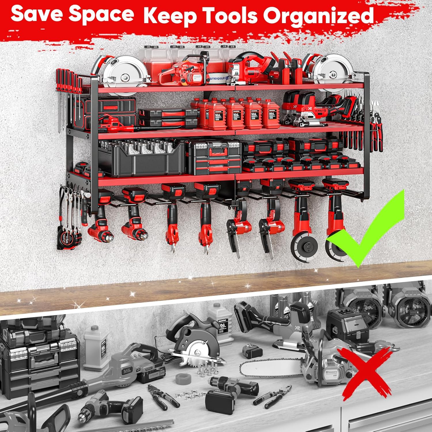 POKIPO Heavy-Duty Power Tool Organizer - Wall-Mounted 4-Layer Storage Rack for 400lbs | Includes 8 Cordless Drill Holders