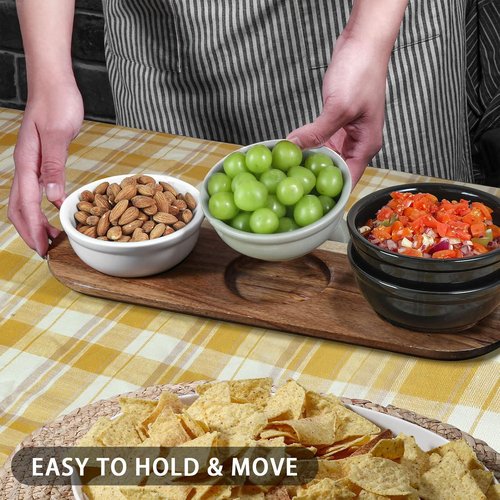 Artena 12 oz Ceramic Chip and Dip Serving Set - Acacia Tray & 5-inch Grey Bowls for Appetizers