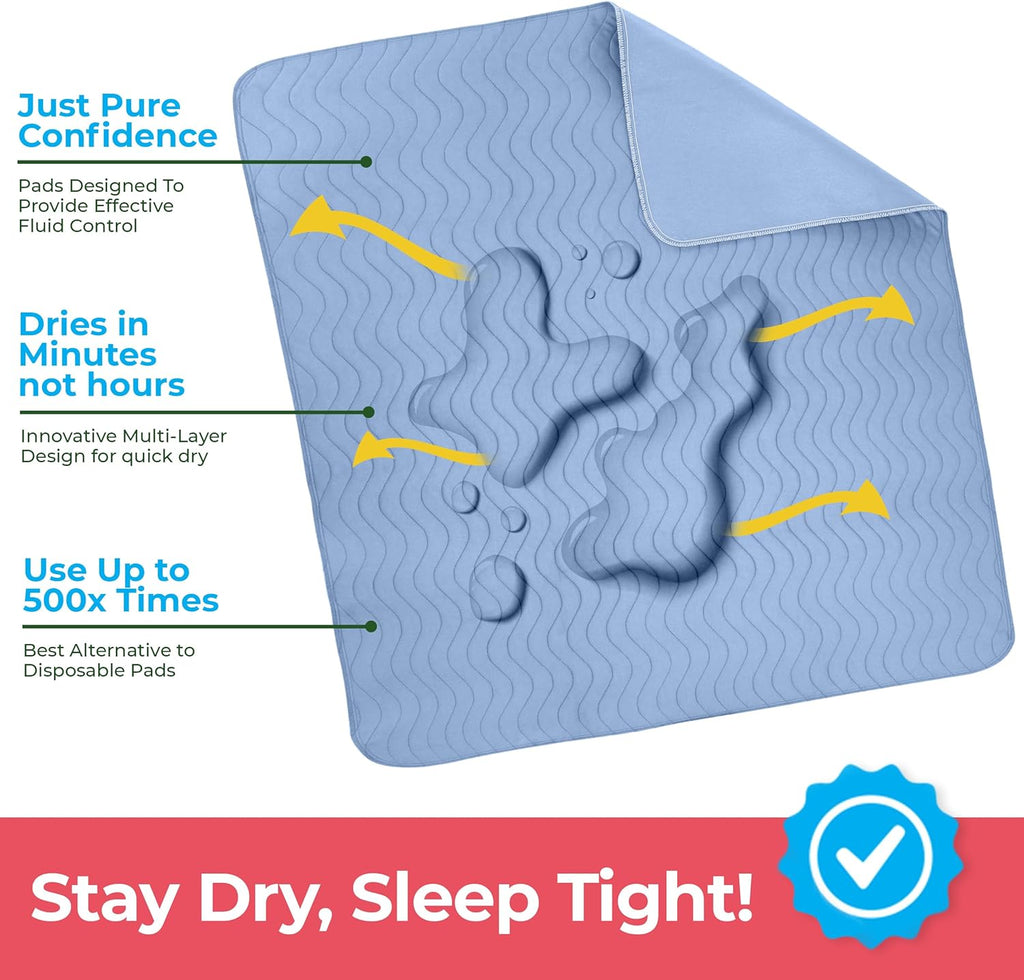 Utopia Bedding Washable Underpads - Waterproof Reusable Incontinence Bed Pads | 34" x 52" (Pack of 4) - Heavy Absorbency for Adults, Kids, and Pets (Blue)