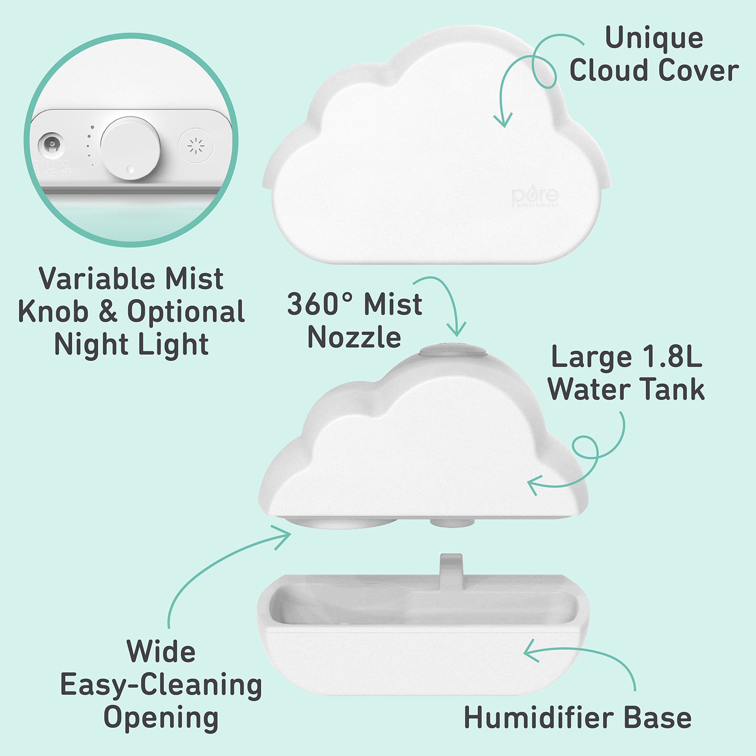 Pure Enrichment PureBaby Cloud Ultrasonic Cool Mist Humidifier Quiet Variable Mist for up to 24 Hrs Ideal for Baby Nurseries & Kids Bedrooms to Relieve Congestion Colds & Coughs, Night Light, BPA-Free