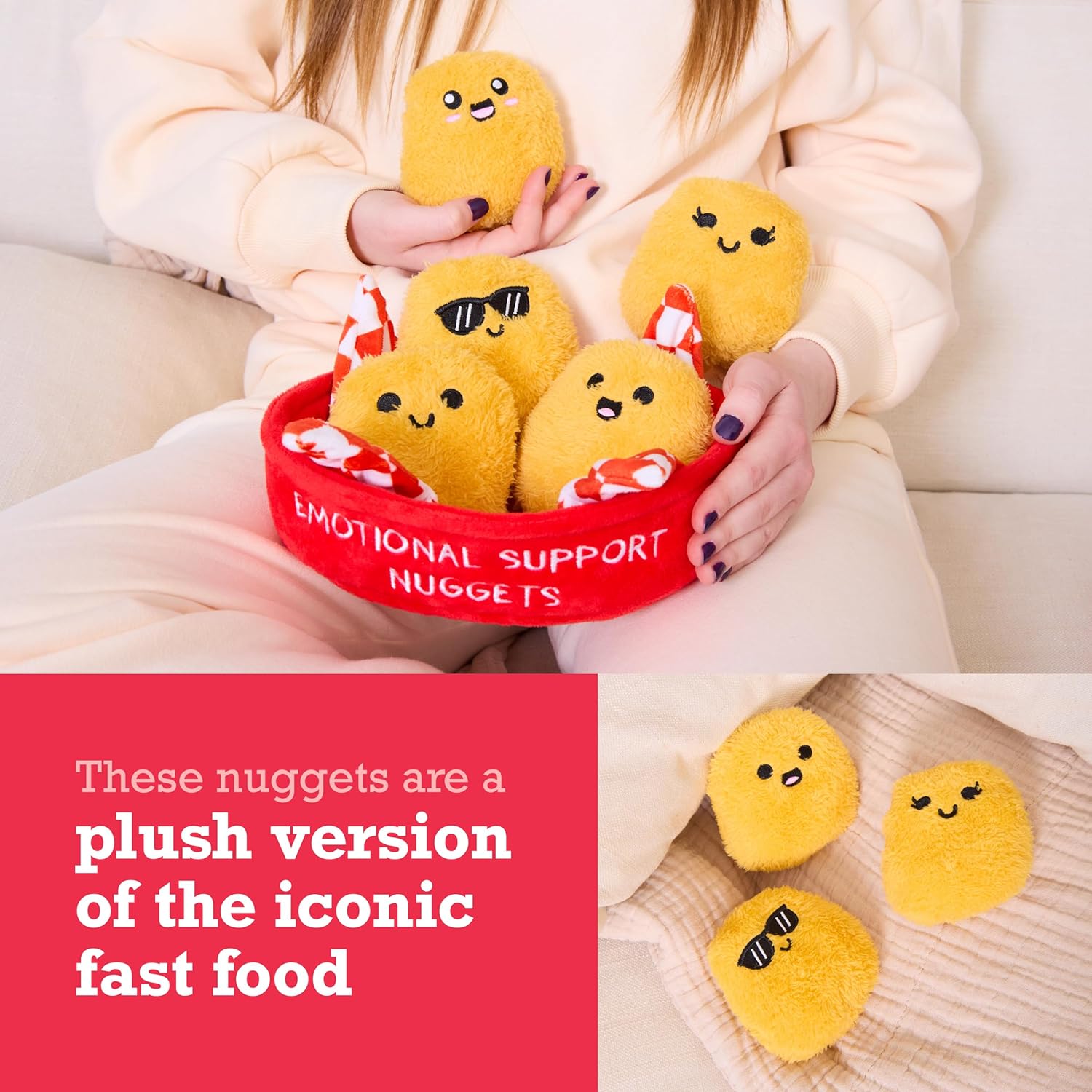 Relatable Emotional Support Chicken Nuggets - Cuddly Plush Toys Set with 5 Squishy Plushies & Basket