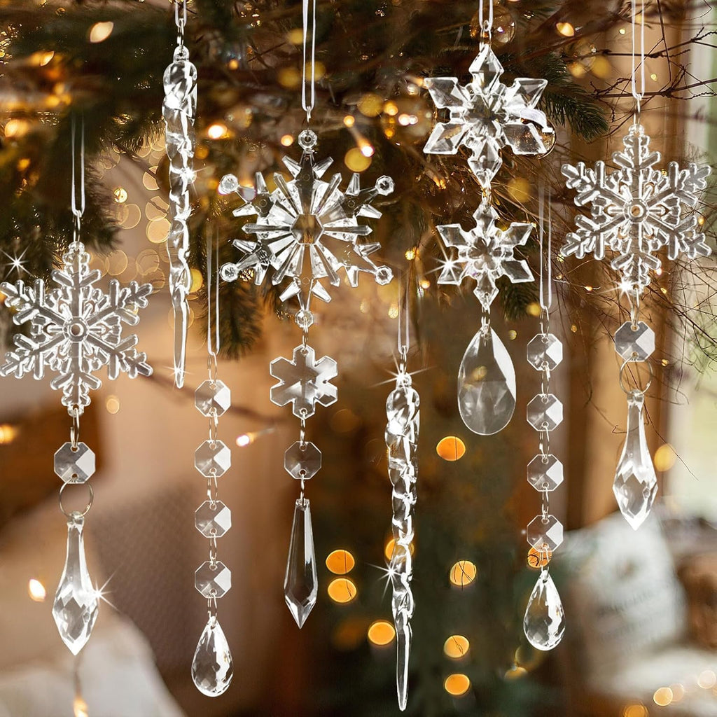 Skiennix 18pcs Crystal Christmas Ornaments - Hanging Acrylic Snowflake Icicles for Winter Decor