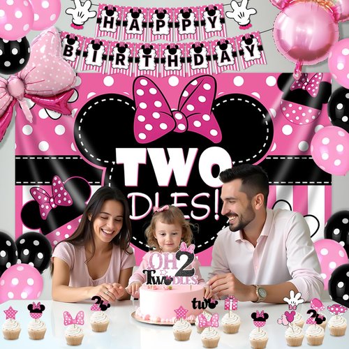 Oh Twodles Birthday Party Supplies Girl, 2nd Birthday Decorations for Girl, 38 Pcs 2 Year Old Bday Decorations, 2nd Pink Bday Decorations