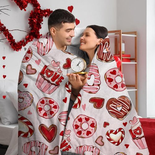 Zzkol Valentines Day Dessert Flannel Throw Blanket, Pink Love Heart Cupcake Donut Anniversary Wedding Birthday Gifts for Women Girlfriend Wife Lover, Romantic Soft Blankets for Bedding Sofa 50" x 60"