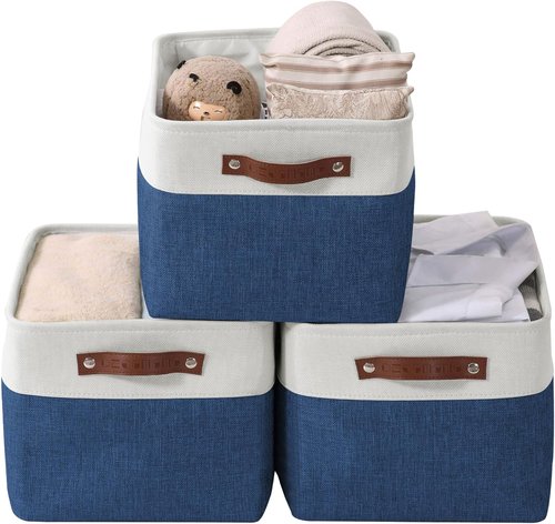 DECOMOMO Storage Baskets - Large Fabric Storage Bins for Organizing Linen Closets | Navy Blue & White - 3 Pack