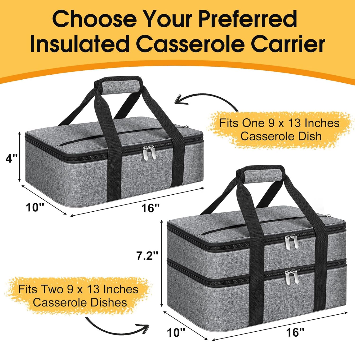 Skiennix Insulated Casserole Carrier - Portable Hot/Cold Food Tote for Potlucks | Fits 9" x 13" Dish - Grey