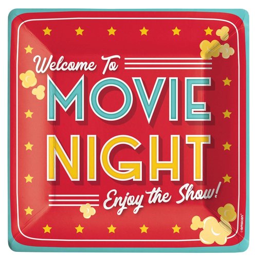 Movie Night Square Paper Plates - 10" (Pack of 20) - Delightful Disposable Dinnerware for Cinema-Themed Parties & Events